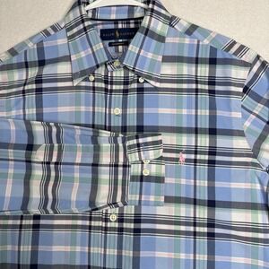 Ralph Lauren Shirt Mens‎ Medium Blue Pink Plaid Classic Fit Performance EUC
